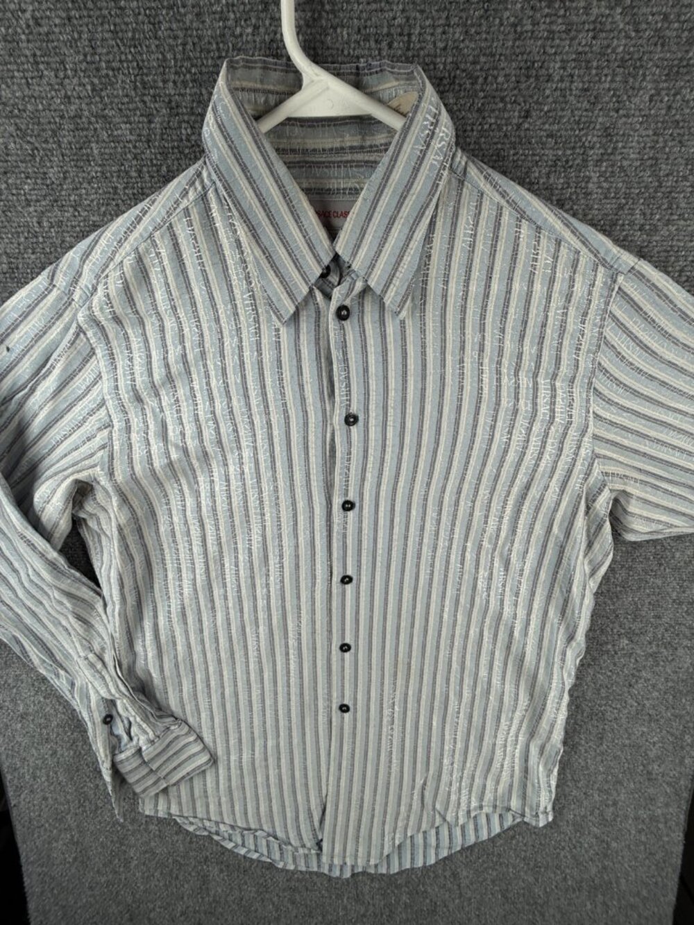 Versace Classic AOP Logos Striped Blue Button Up Shirt 15.5 Designer Spellout